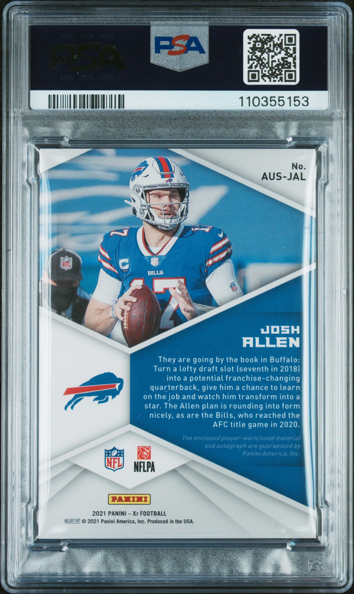 rear card 2021 PANINI XR AUTOGRAPHED SWATCHES JOSH ALLEN AU.SWT-LDRY.TG.NFL SD.1/1 PSA NM-MT 8 