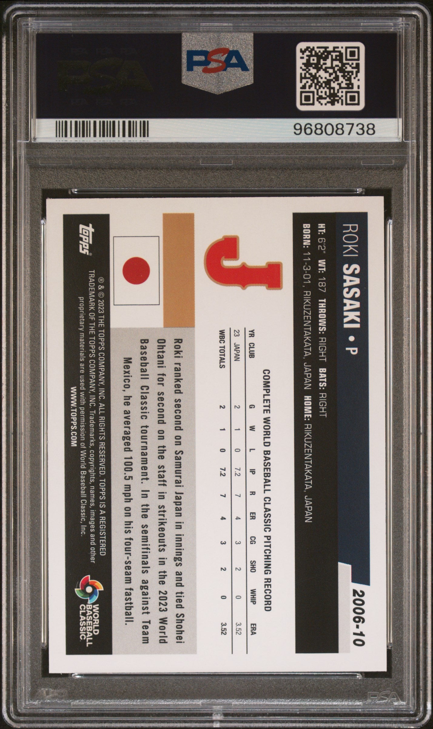 rear card 2023 TOPPS WORLD BASEBALL CLASSIC 2006 TOPPS ROKI SASAKI 2006 TOPPS-RED HOT FOIL PSA MINT 9 