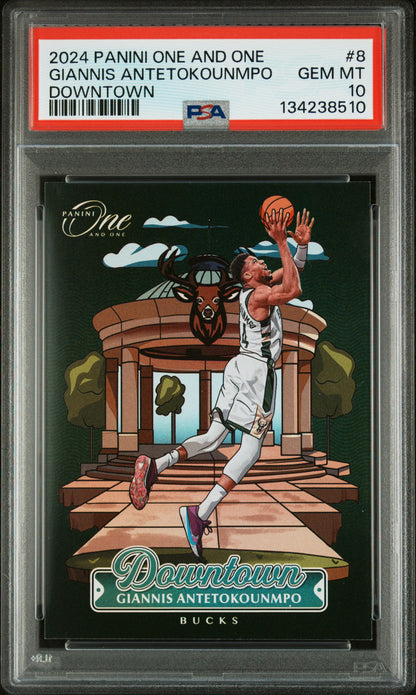 front card 2024 PANINI ONE AND ONE DOWNTOWN GIANNIS ANTETOKOUNMPO  PSA GEM MT 10 