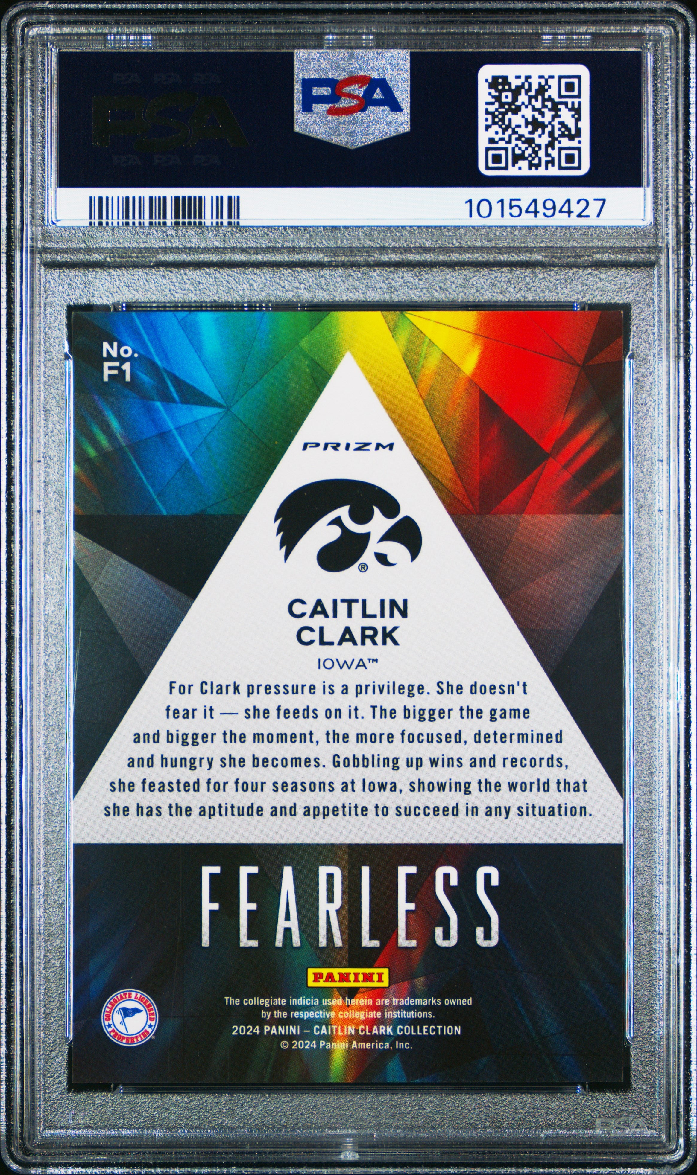rear card 2024 PANINI CAITLIN CLARK COLLECTION FEARLESS CAITLIN CLARK  PSA GEM MT 10 
