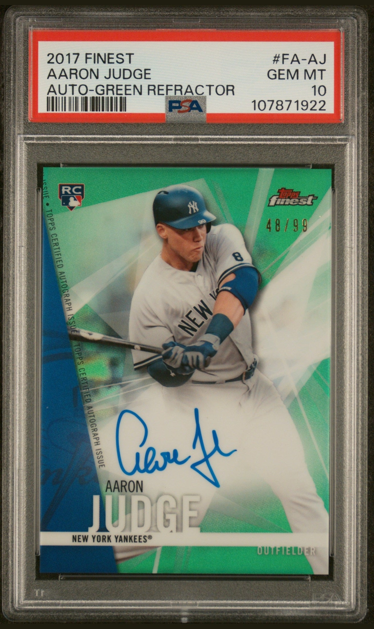 front card 2017 FINEST AUTOGRAPHS AARON JUDGE AUTO-GREEN REFRACTOR PSA GEM MT 10 
