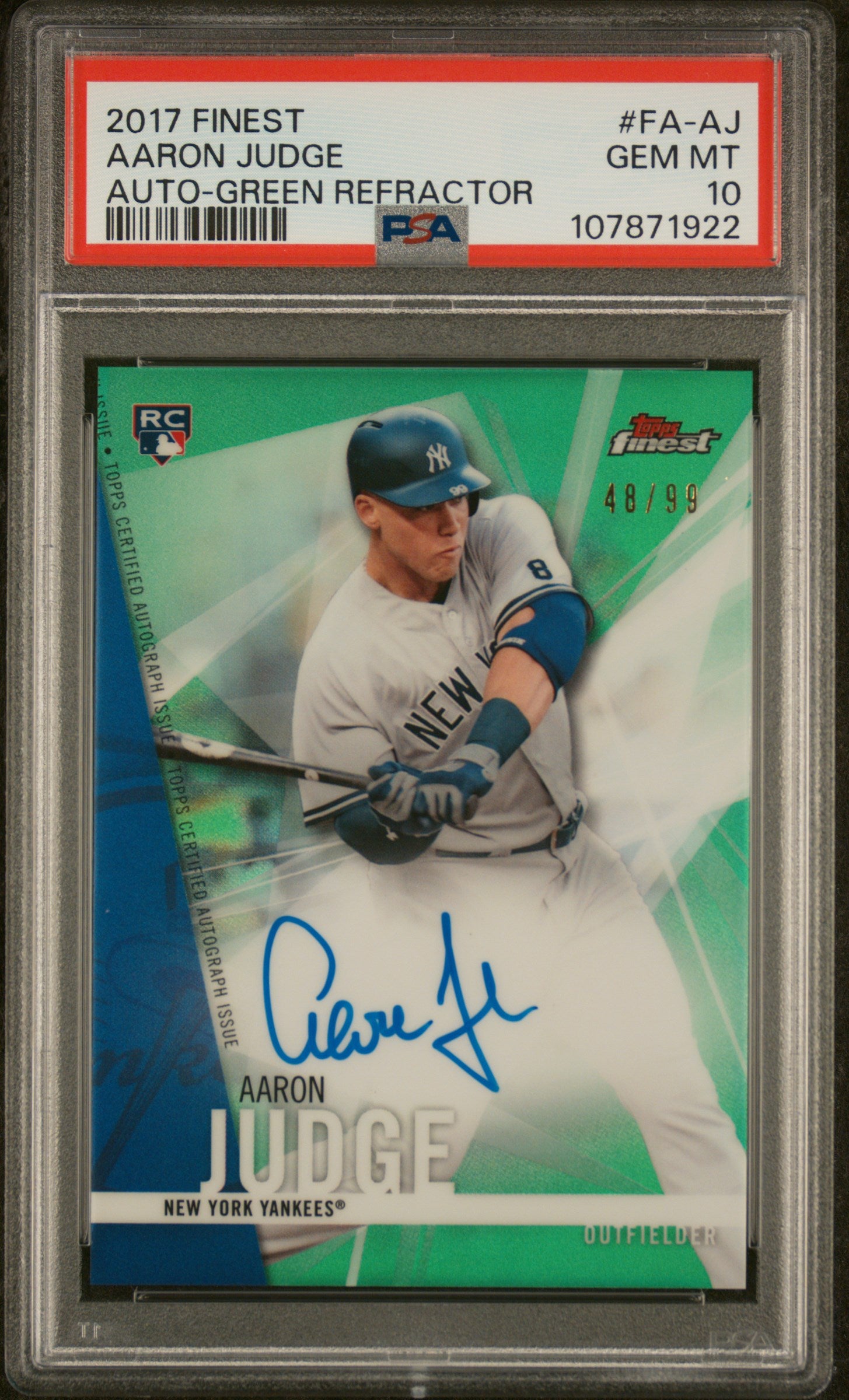 front card 2017 FINEST AUTOGRAPHS AARON JUDGE AUTO-GREEN REFRACTOR PSA GEM MT 10 