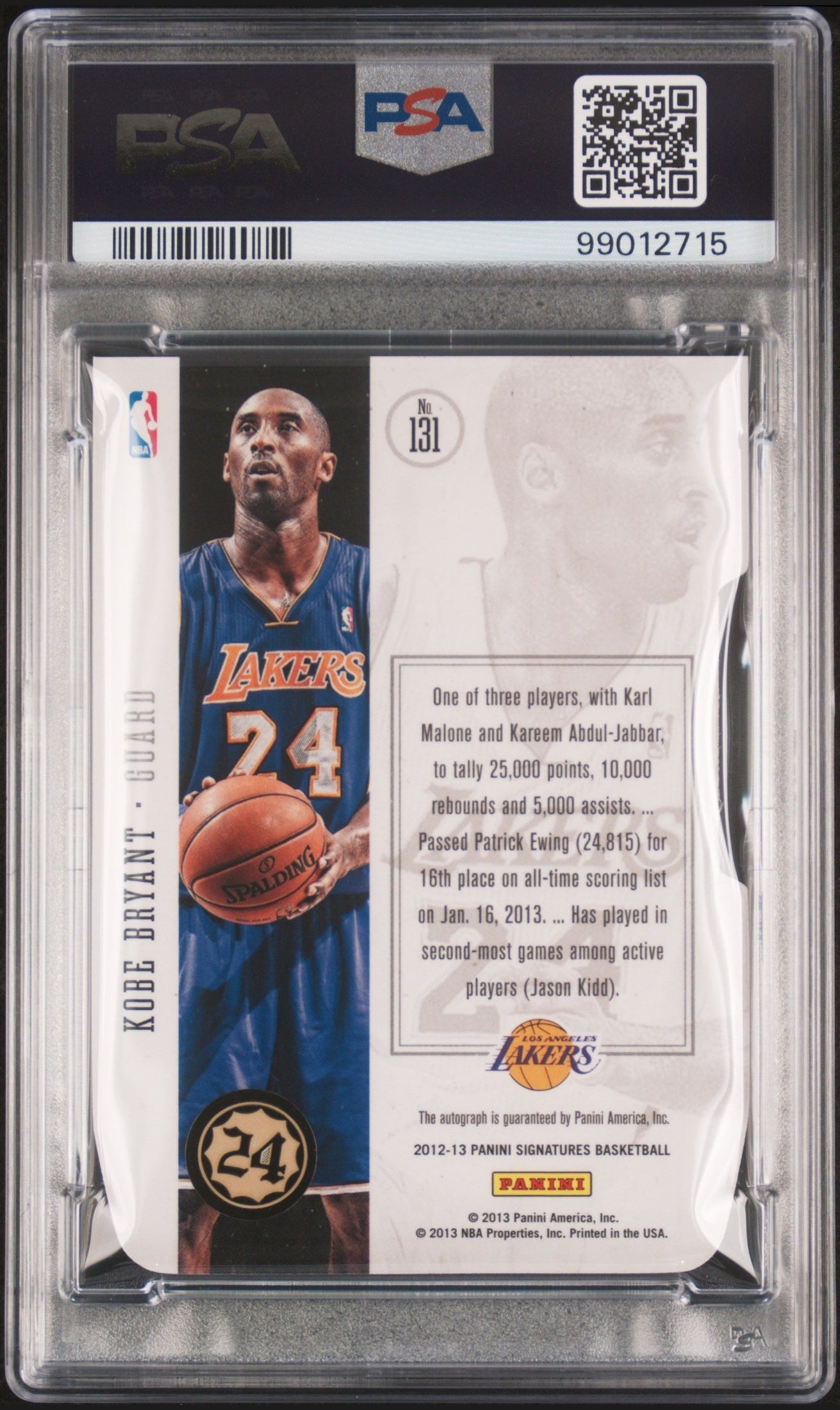 rear card 2012 PANINI SIGNATURES KOBE BRYANT AUTOGRAPH-DIE-CUT PSA MINT 9 