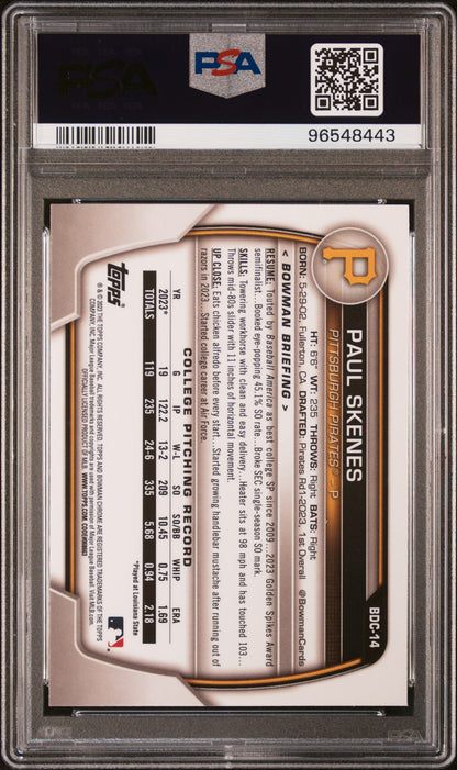 rear card 2023 BOWMAN DRAFT PAUL SKENES CHROME PSA GEM MT 10 