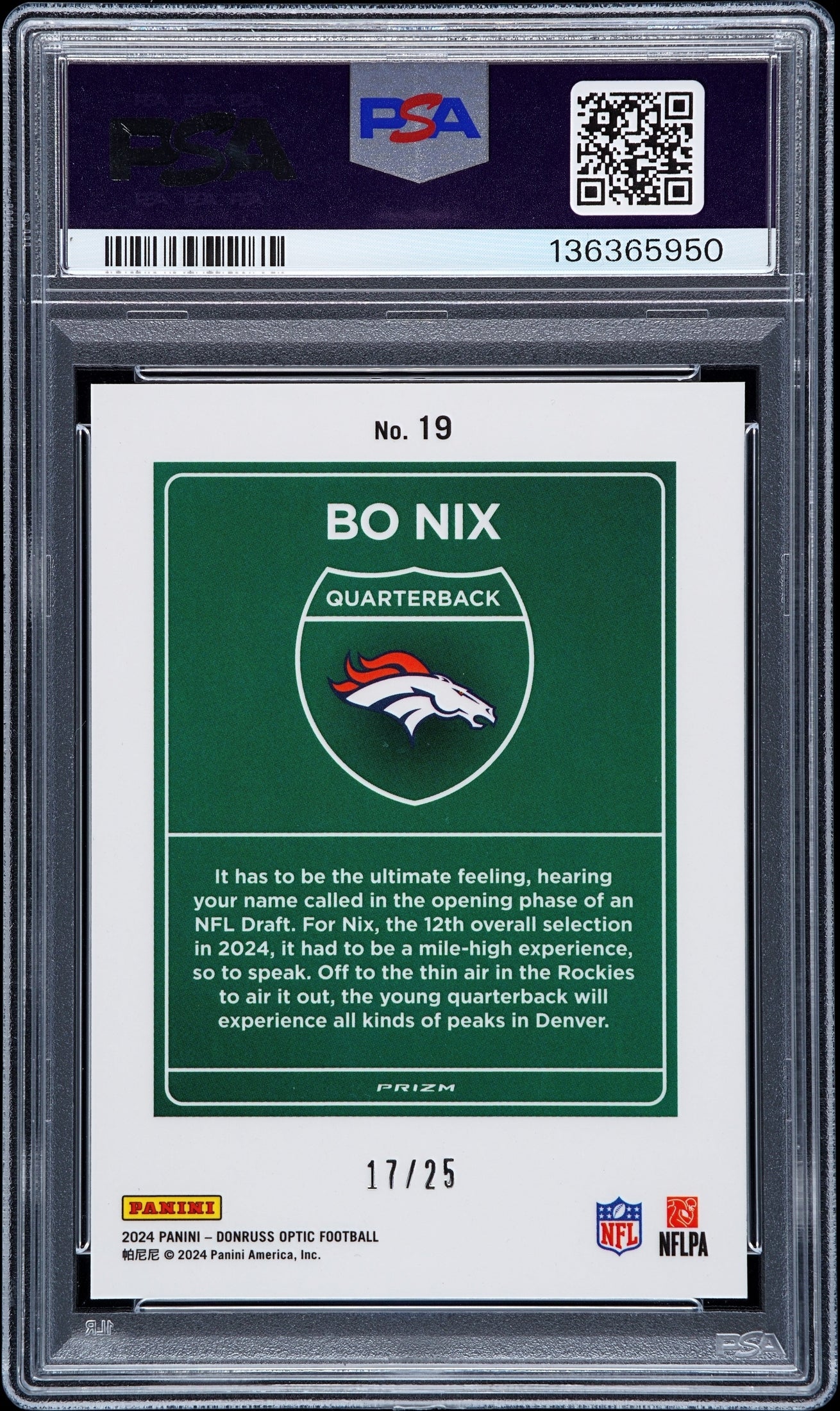 rear card 2024 PANINI DONRUSS OPTIC DOWNTOWN! BO NIX DOWNTOWN!-BLACK PANDORA PSA GEM MT 10 