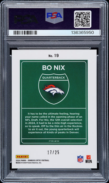 rear card 2024 PANINI DONRUSS OPTIC DOWNTOWN! BO NIX DOWNTOWN!-BLACK PANDORA PSA GEM MT 10 