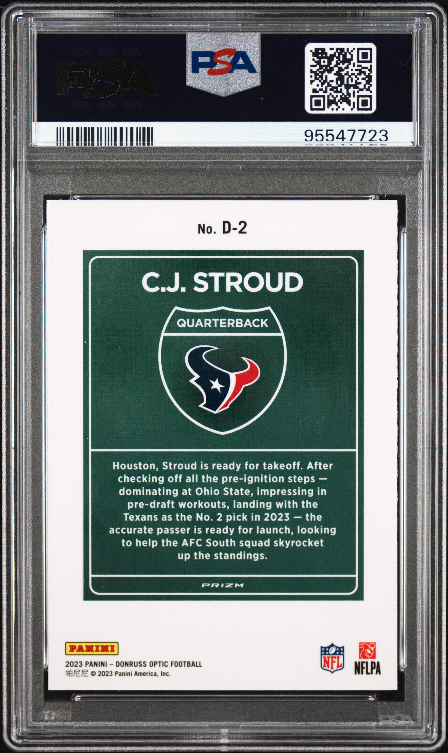rear card 2023 PANINI DONRUSS OPTIC DOWNTOWN! CJ STROUD DOWNTOWN! PSA GEM MT 10 
