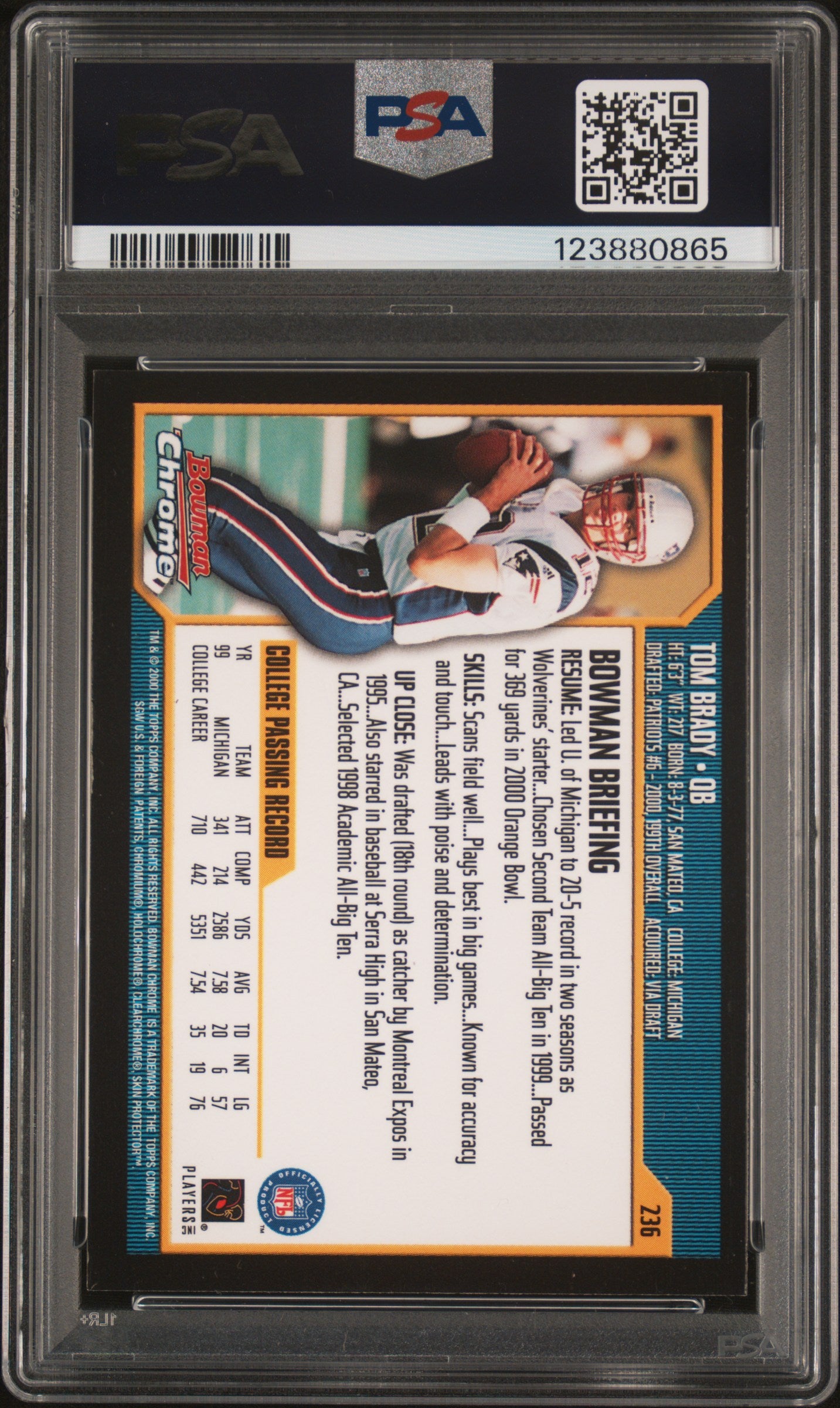 rear card 2000 BOWMAN CHROME TOM BRADY  PSA MINT 9 