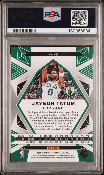 rear card 2024 PANINI OBSIDIAN JAYSON TATUM ELECTRIC ETCH VIBRANT 1/1 PSA MINT 9 