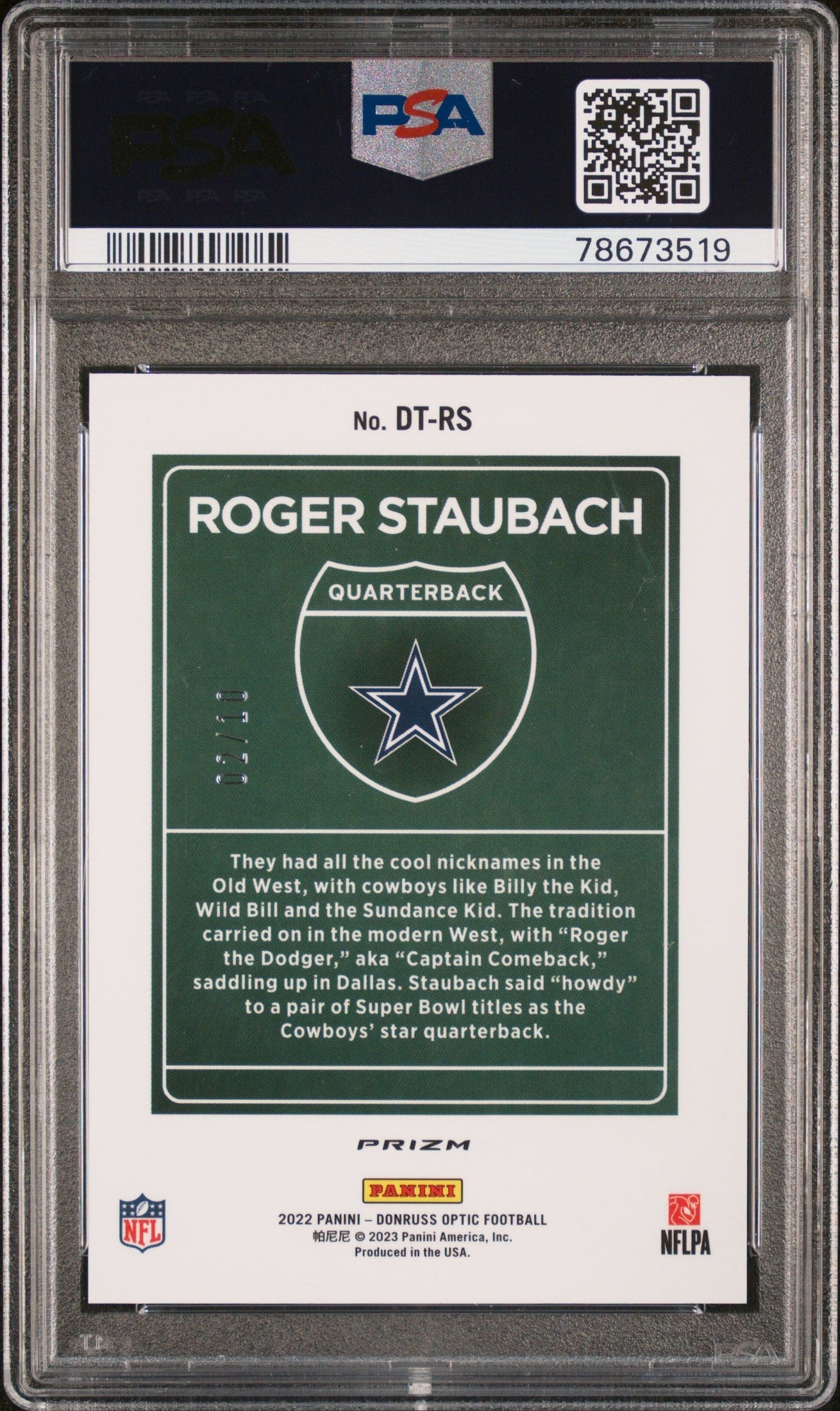 rear card 2022 PANINI DONRUSS OPTIC DOWNTOWN ROGER STAUBACH DOWNTOWN-GOLD PSA MINT 9 
