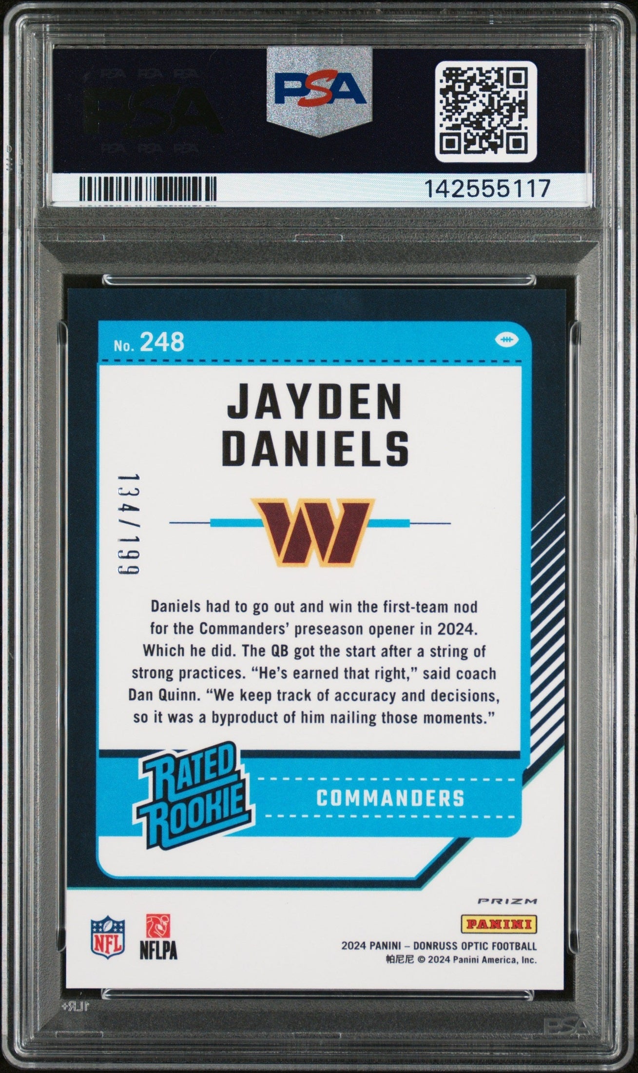 rear card 2024 PANINI DONRUSS OPTIC JAYDEN DANIELS BLUE PSA GEM MT 10 