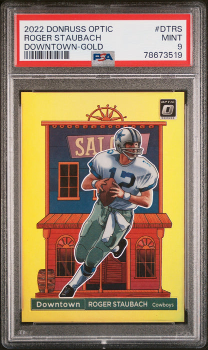 front card 2022 PANINI DONRUSS OPTIC DOWNTOWN ROGER STAUBACH DOWNTOWN-GOLD PSA MINT 9 