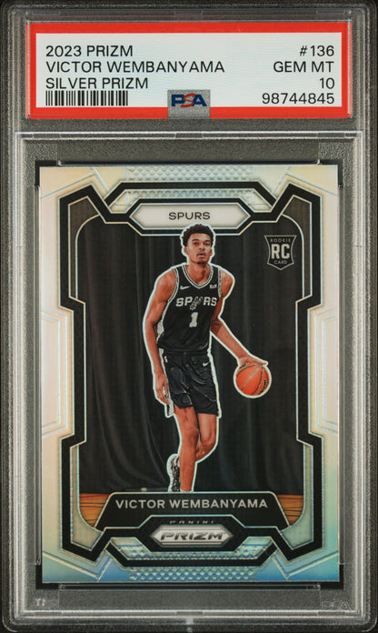 front card 2023 PANINI PRIZM VICTOR WEMBANYAMA SILVER PRIZM PSA GEM MT 10 