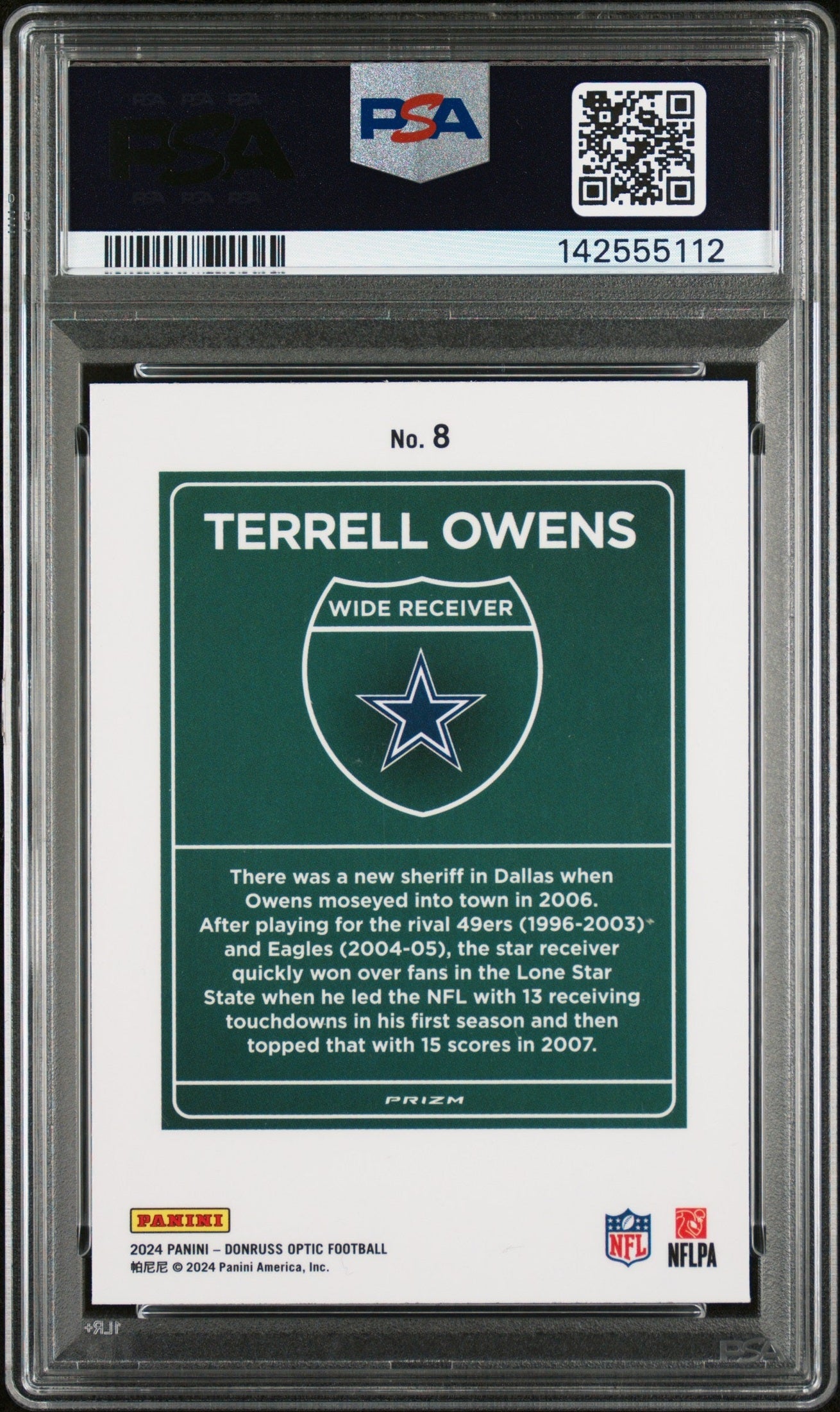 rear card 2024 PANINI DONRUSS OPTIC DOWNTOWN! TERRELL OWENS  PSA MINT 9 