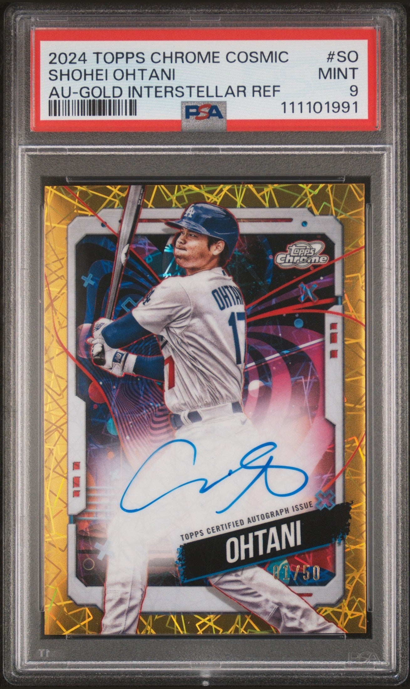 front card 2024 TOPPS CHROME COSMIC COSMIC CHROME AUTOGRAPHS SHOHEI OHTANI AU-GOLD INTERSTELLAR REF PSA MINT 9 