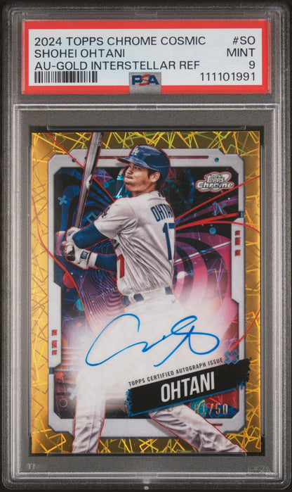 front card 2024 TOPPS CHROME COSMIC COSMIC CHROME AUTOGRAPHS SHOHEI OHTANI AU-GOLD INTERSTELLAR REF PSA MINT 9 