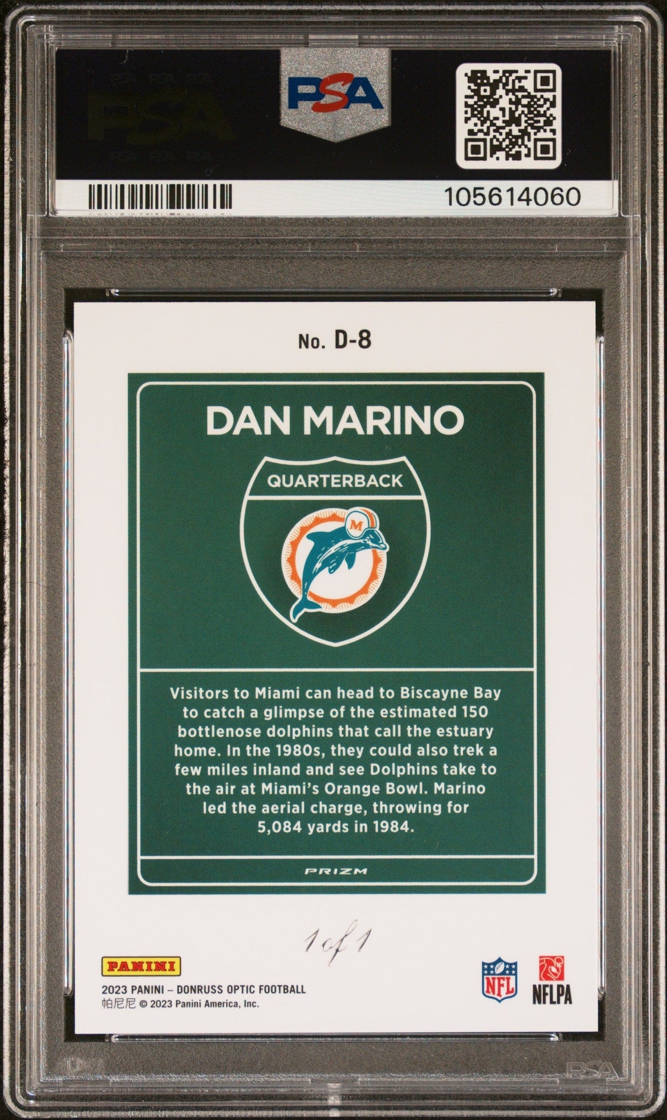 rear card 2023 PANINI DONRUSS OPTIC DOWNTOWN! DAN MARINO DOWNTOWN!-WHT SPARKLE 1/1 PSA GEM MT 10 
