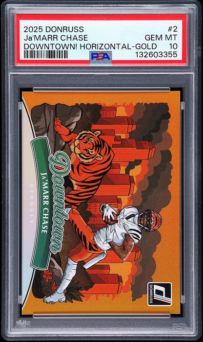 front card 2025 PANINI DONRUSS DOWNTOWN! HORIZONTAL Ja'MARR CHASE DOWNTOWN! HORIZONTAL-GOLD PSA GEM MT 10 