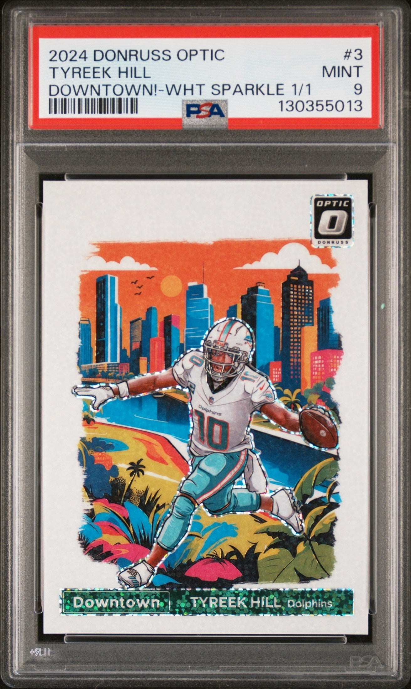 front card 2024 PANINI DONRUSS OPTIC DOWNTOWN! TYREEK HILL DOWNTOWN!-WHT SPARKLE 1/1 PSA MINT 9 