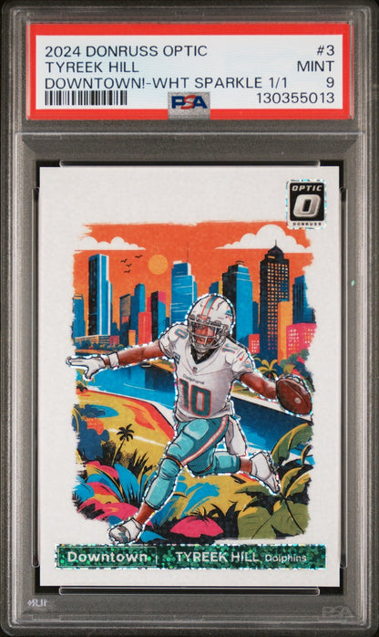 front card 2024 PANINI DONRUSS OPTIC DOWNTOWN! TYREEK HILL DOWNTOWN!-WHT SPARKLE 1/1 PSA MINT 9 