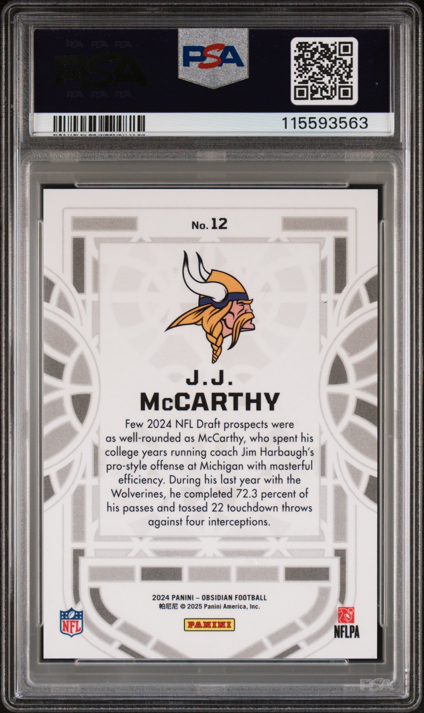 rear card 2024 PANINI OBSIDIAN BLACK STAINED GLASS JJ McCARTHY  PSA GEM MT 10 