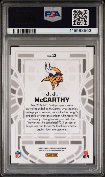 rear card 2024 PANINI OBSIDIAN BLACK STAINED GLASS JJ McCARTHY  PSA GEM MT 10 
