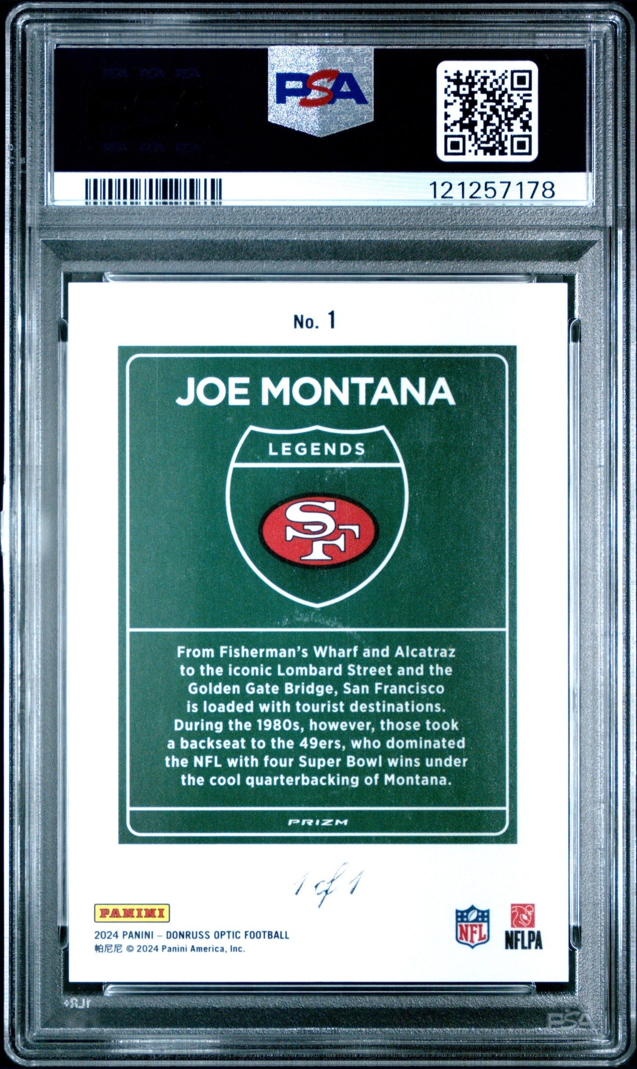 rear card 2024 PANINI DONRUSS OPTIC DOWNTOWN LEGENDS JOE MONTANA DWNTWN LGNDS-WHT SPRKL 1/1 PSA GEM MT 10 