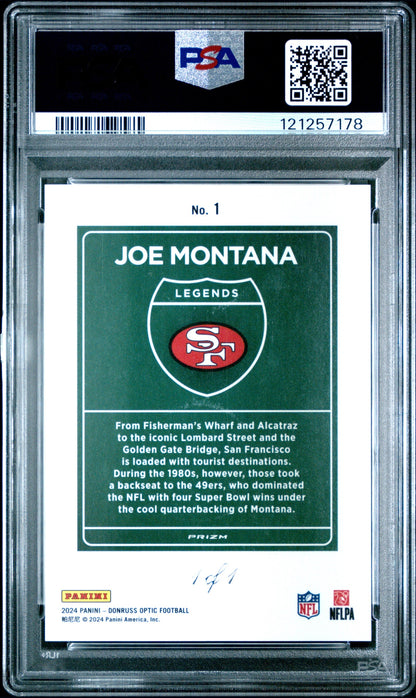 rear card 2024 PANINI DONRUSS OPTIC DOWNTOWN LEGENDS JOE MONTANA DWNTWN LGNDS-WHT SPRKL 1/1 PSA GEM MT 10 