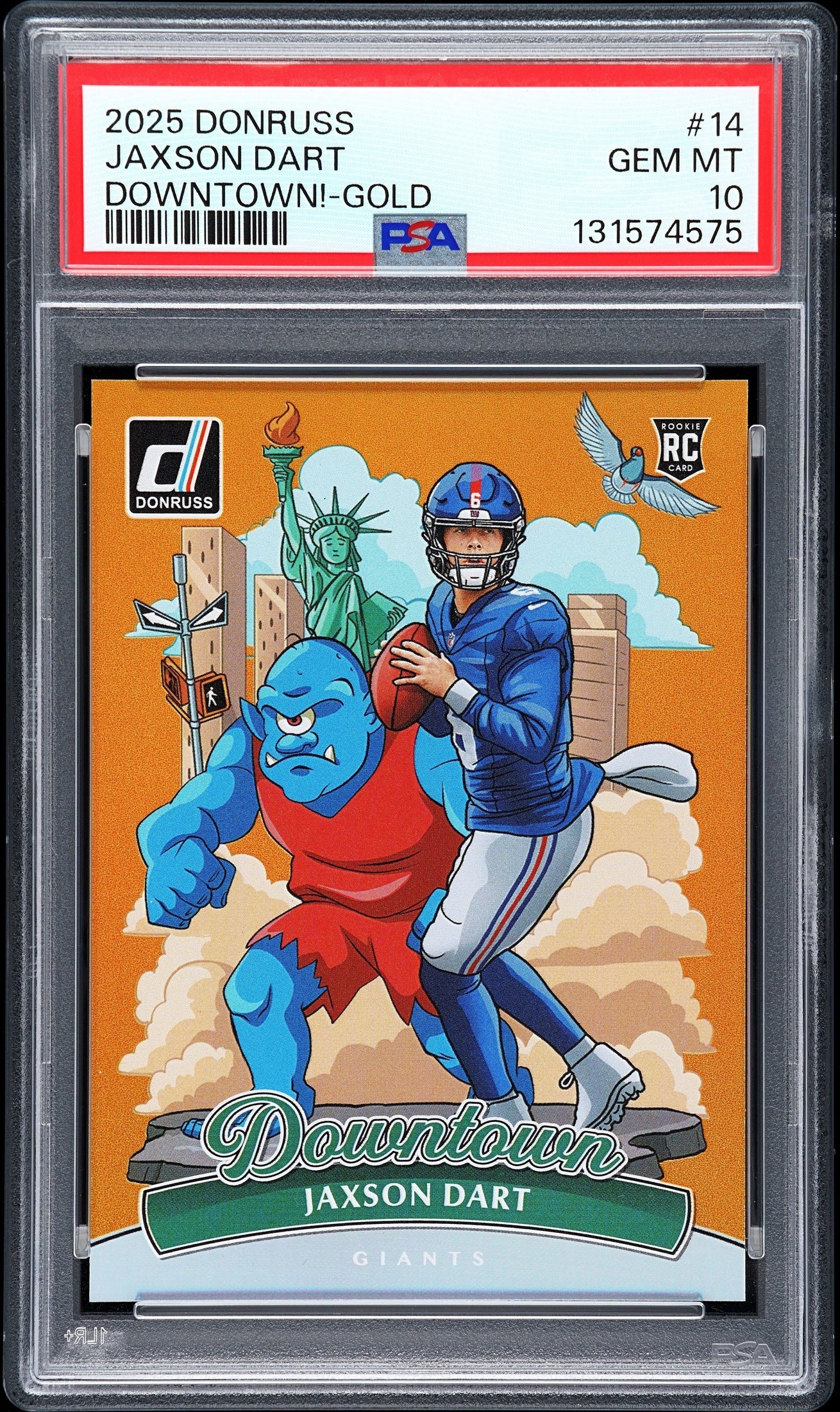 front card 2025 PANINI DONRUSS DOWNTOWN! JAXSON DART DOWNTOWN!-GOLD PSA GEM MT 10 