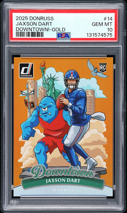 front card 2025 PANINI DONRUSS DOWNTOWN! JAXSON DART DOWNTOWN!-GOLD PSA GEM MT 10 