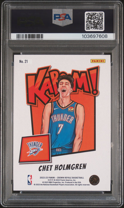 rear card 2022 PANINI CROWN ROYALE KABOOM! CHET HOLMGREN KABOOM! PSA MINT 9 