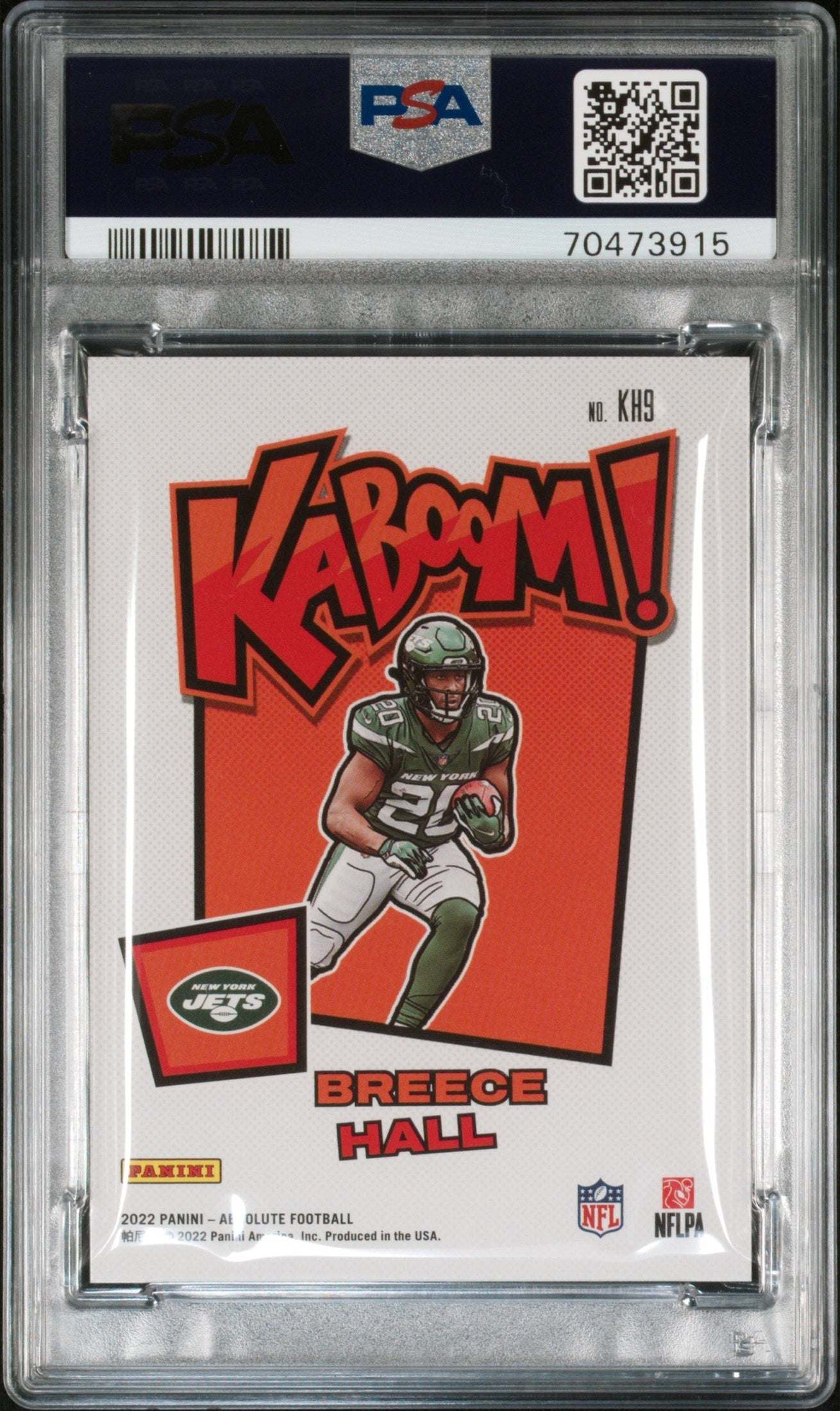 rear card 2022 PANINI ABSOLUTE KABOOM! HORIZONTAL BREECE HALL KABOOM! HRZN-GREEN 1/1 PSA MINT 9 