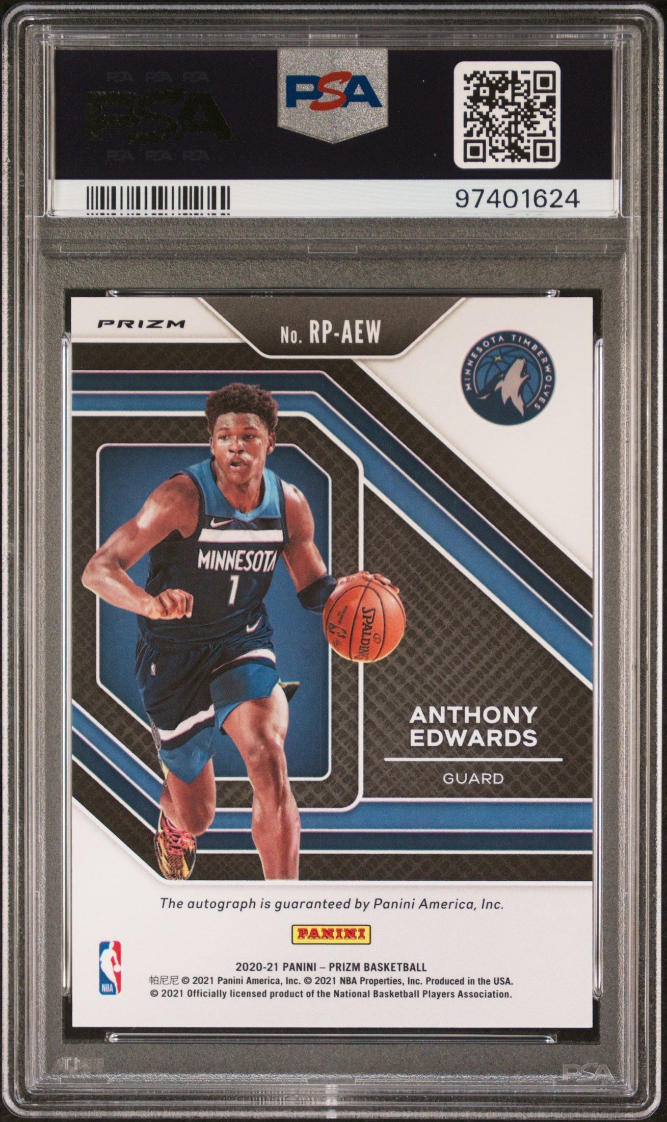 rear card 2020 PANINI PRIZM ROOKIE PENMANSHIP ANTHONY EDWARDS RK.PNMSHP-SILVER PRIZM PSA GEM MT 10 