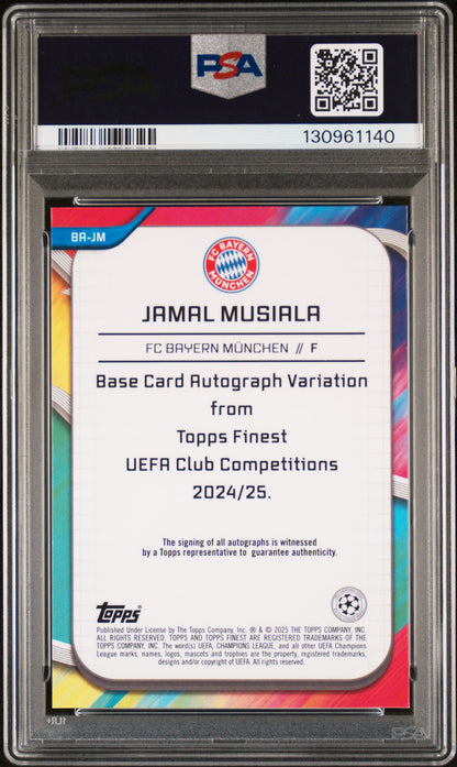 rear card 2024-25 TOPPS FINEST UEFA CLUB COMPETITIONS AUTOGRAPHS JAMAL MUSIALA AUTOGRAPH-NEON GREEN WAVE PSA GEM MT 10 