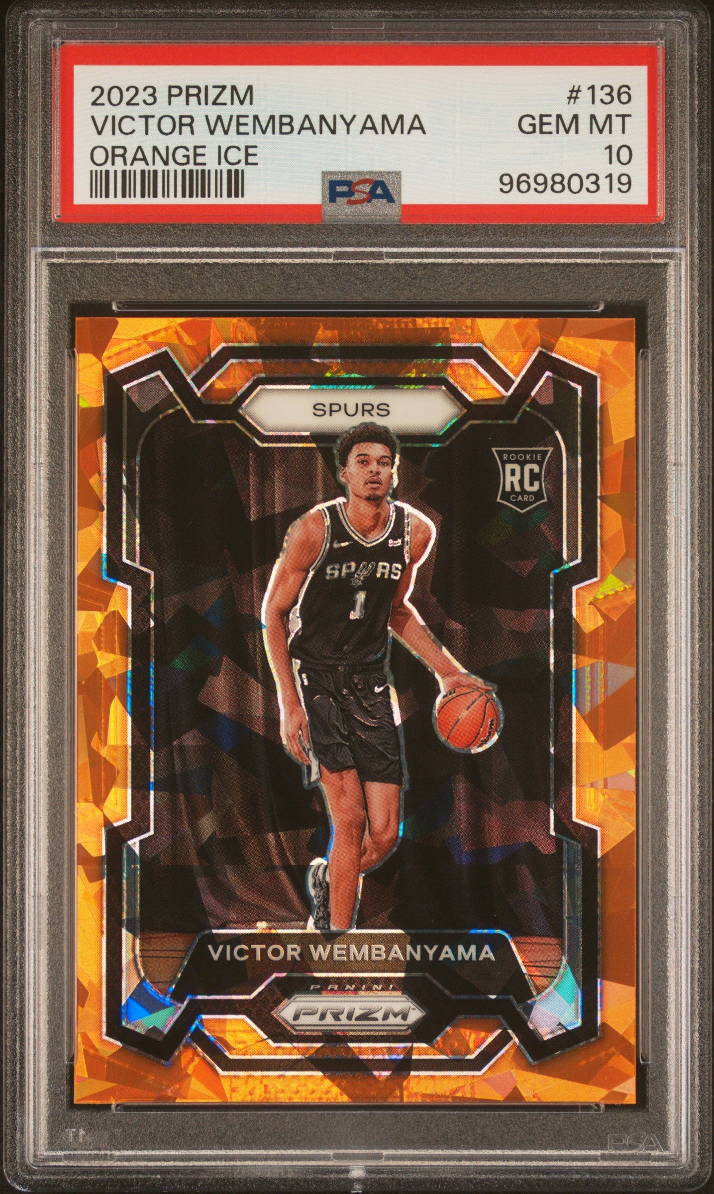 front card 2023 PANINI PRIZM VICTOR WEMBANYAMA ORANGE ICE PSA GEM MT 10 