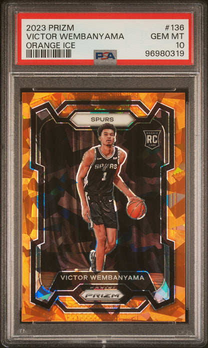 front card 2023 PANINI PRIZM VICTOR WEMBANYAMA ORANGE ICE PSA GEM MT 10 