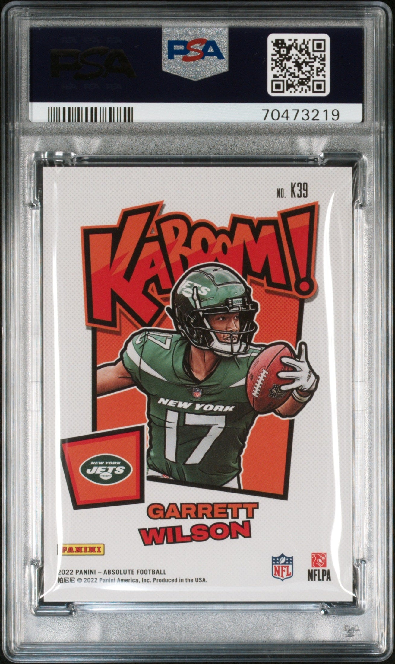 rear card 2022 PANINI ABSOLUTE KABOOM! VERTICAL GARRETT WILSON KABOOM! VERT-GREEN 1/1 PSA MINT 9 