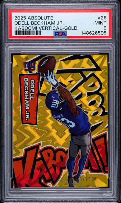 front card 2025 PANINI ABSOLUTE KABOOM! VERTICAL ODELL BECKHAM JR. KABOOM! VERTICAL-GOLD PSA MINT 9 