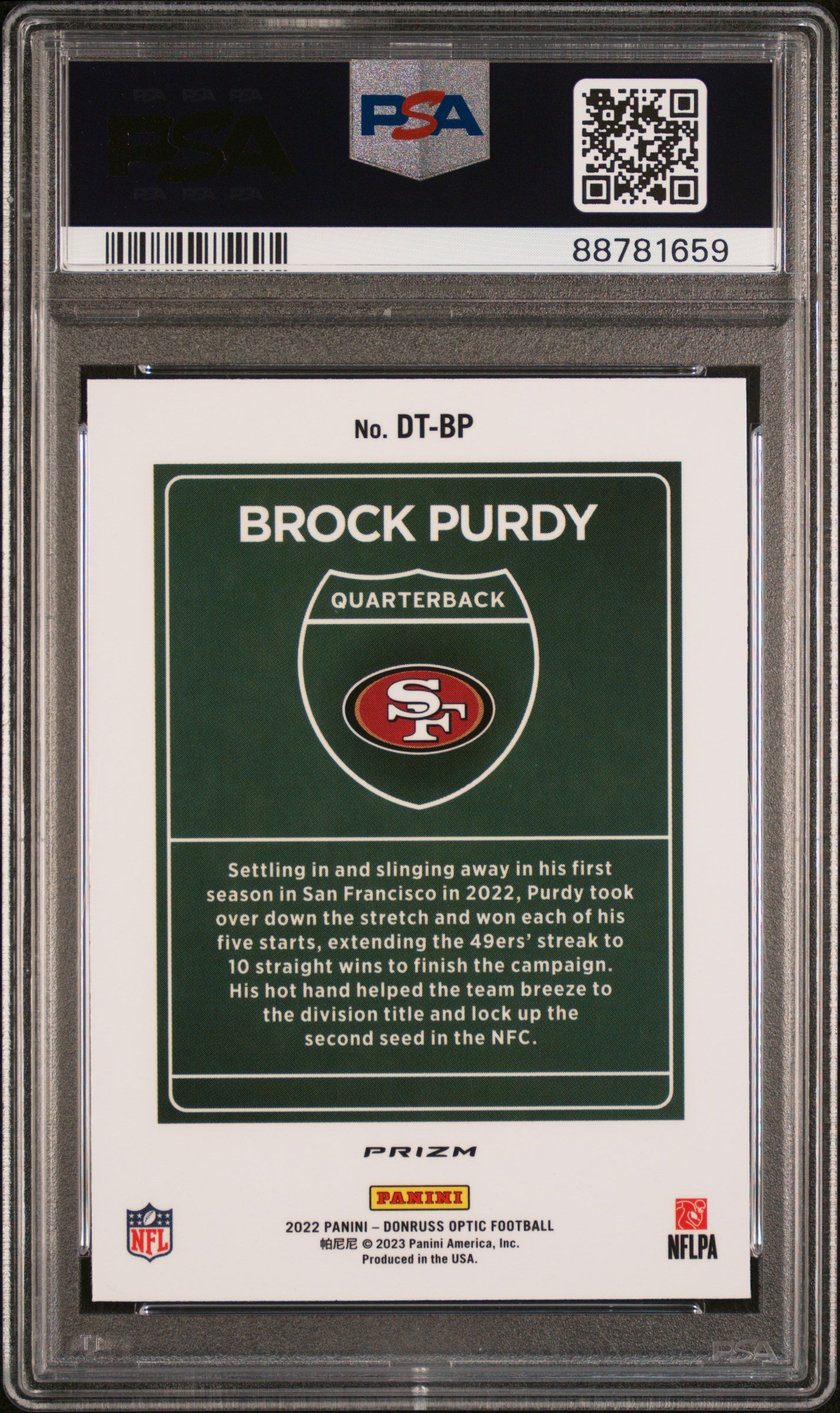 rear card 2022 PANINI DONRUSS OPTIC DOWNTOWN BROCK PURDY DOWNTOWN PSA GEM MT 10 
