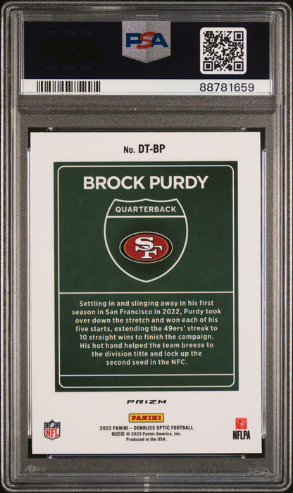 rear card 2022 PANINI DONRUSS OPTIC DOWNTOWN BROCK PURDY DOWNTOWN PSA GEM MT 10 