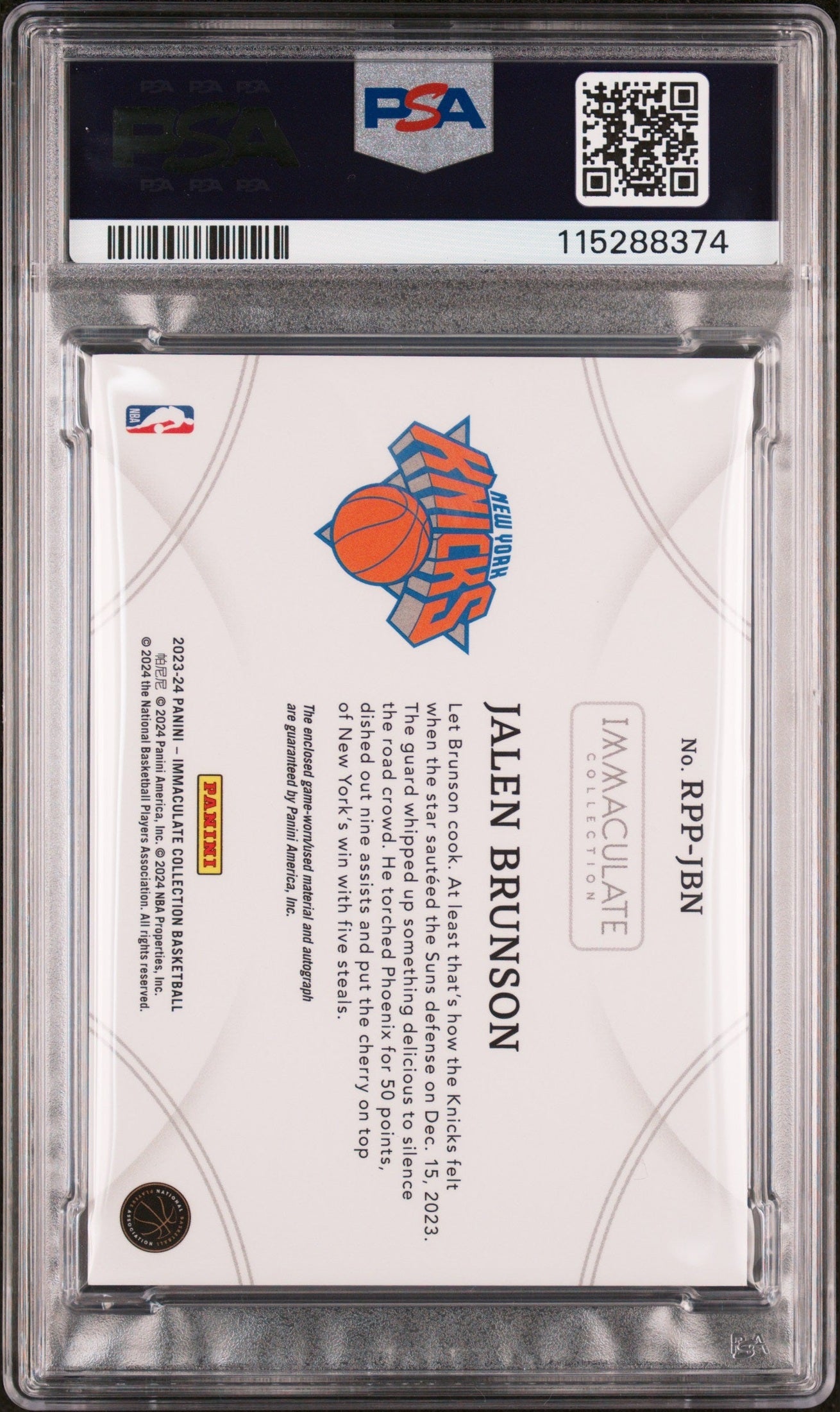 rear card 2023 PANINI IMMACULATE COLLECTION RETRO PREMIUM PATCH AUTOGRAPHS JALEN BRUNSON RETRO PREM PAT AU-GLD PSA MINT 9 