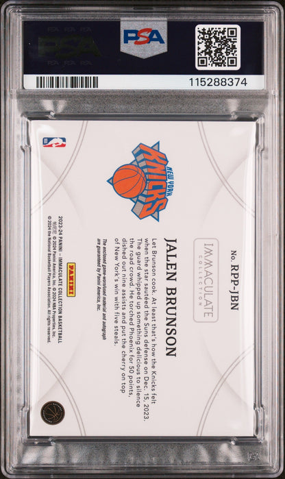 rear card 2023 PANINI IMMACULATE COLLECTION RETRO PREMIUM PATCH AUTOGRAPHS JALEN BRUNSON RETRO PREM PAT AU-GLD PSA MINT 9 
