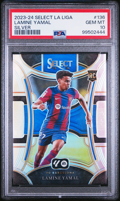 front card 2023-24 PANINI SELECT LA LIGA LAMINE YAMAL SILVER PSA GEM MT 10 