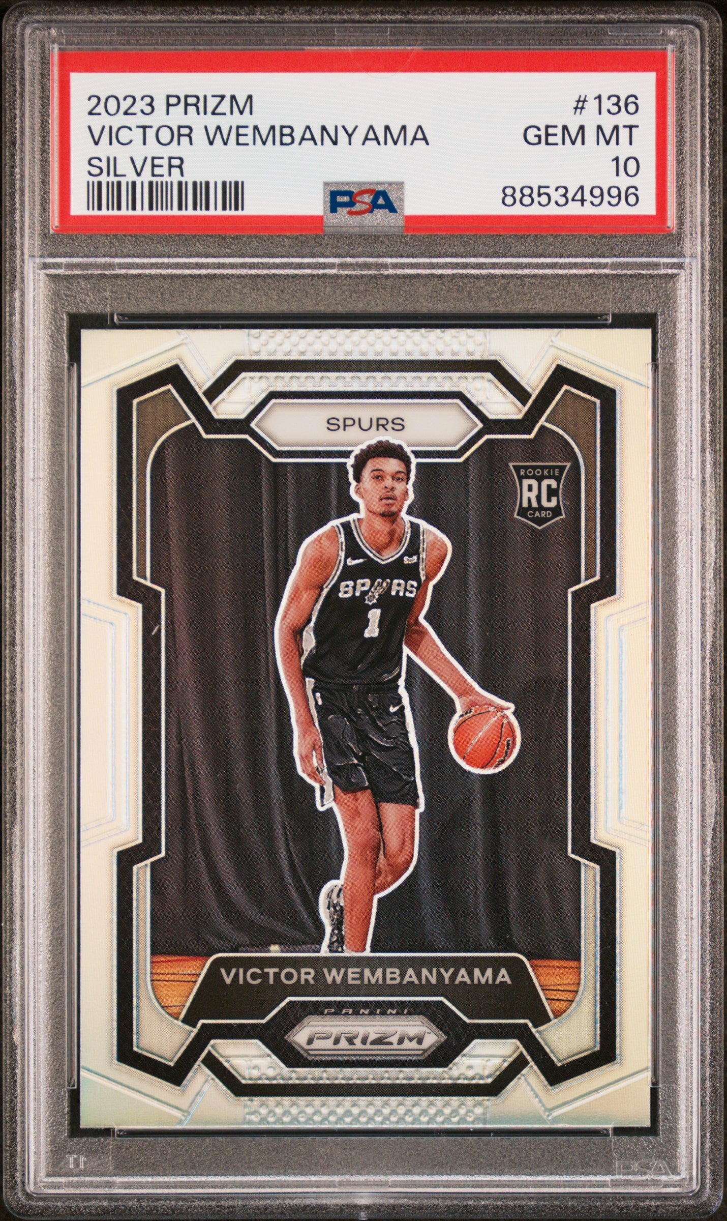 front card 2023 PANINI PRIZM VICTOR WEMBANYAMA SILVER PRIZM PSA GEM MT 10 