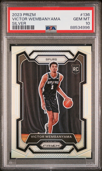 front card 2023 PANINI PRIZM VICTOR WEMBANYAMA SILVER PRIZM PSA GEM MT 10 