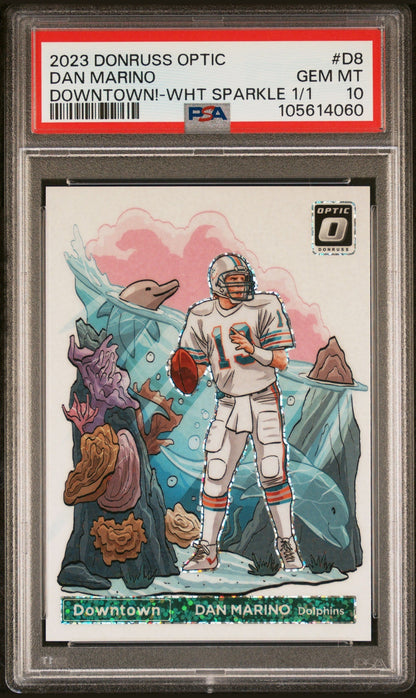 front card 2023 PANINI DONRUSS OPTIC DOWNTOWN! DAN MARINO DOWNTOWN!-WHT SPARKLE 1/1 PSA GEM MT 10 