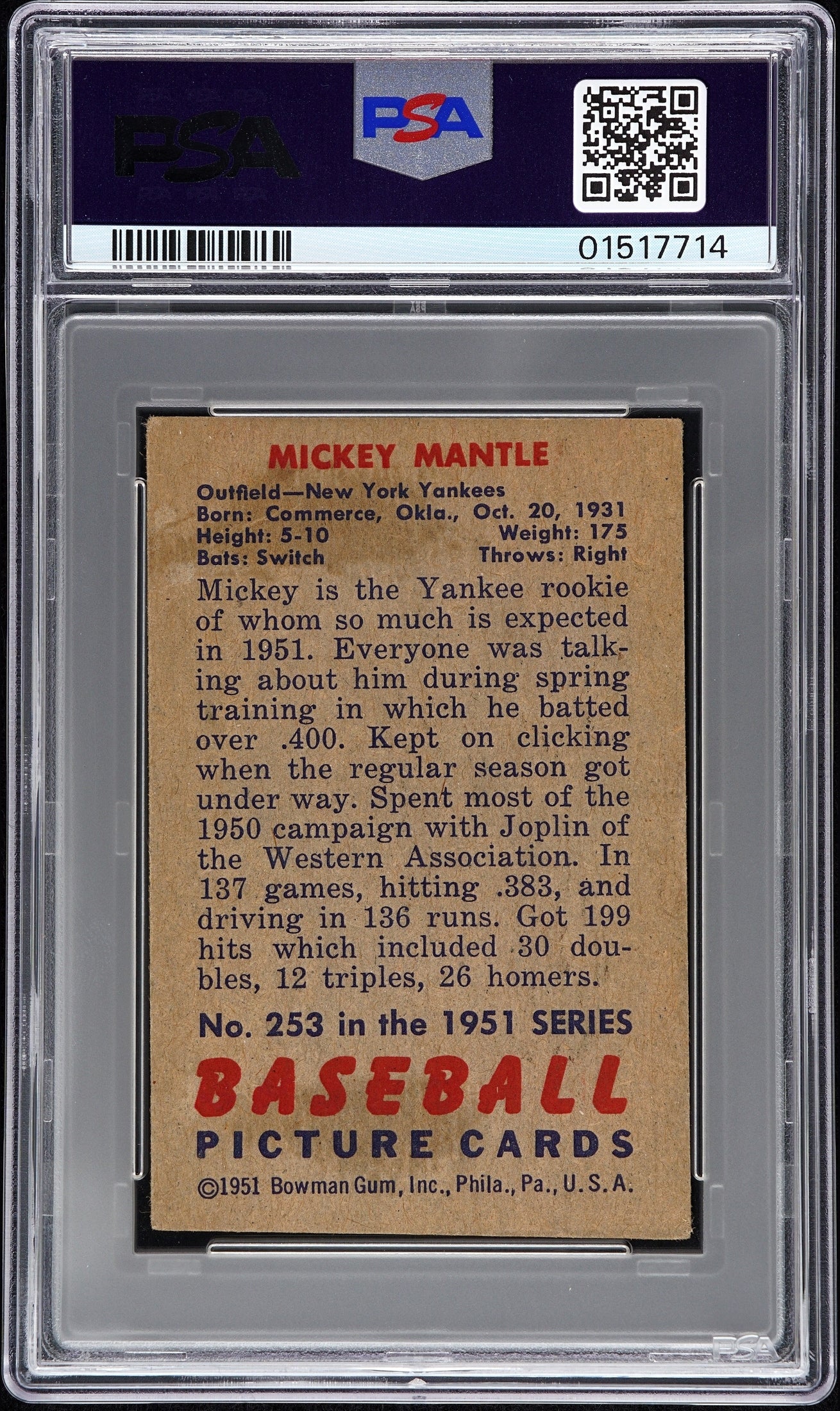 rear card 1951 BOWMAN MICKEY MANTLE  PSA VG-EX 4 