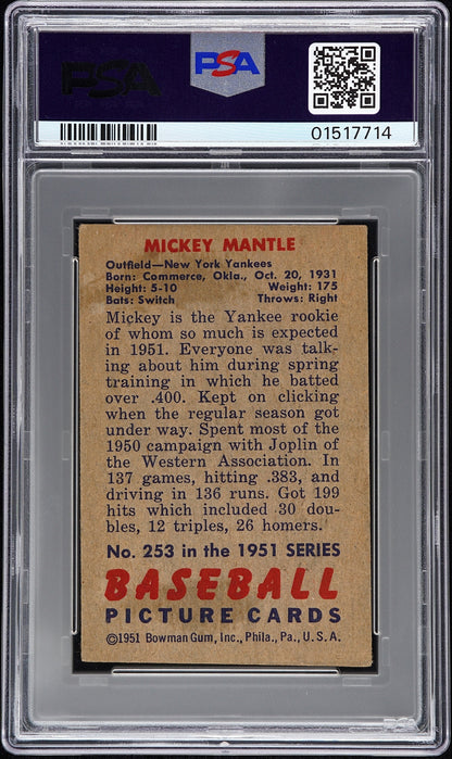 rear card 1951 BOWMAN MICKEY MANTLE  PSA VG-EX 4 