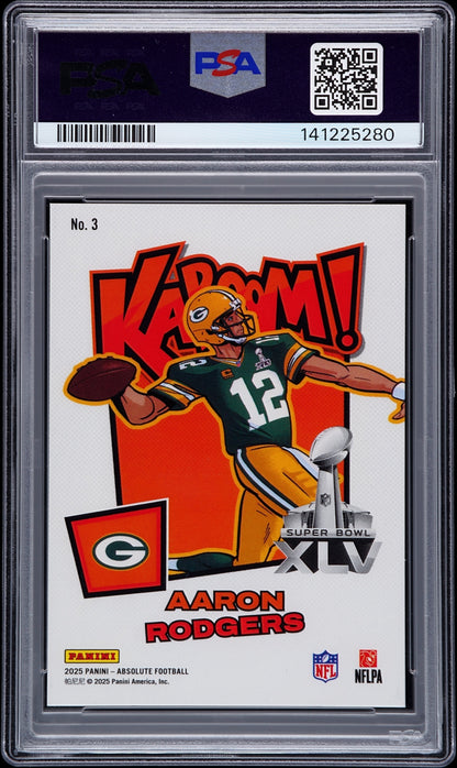 rear card 2025 PANINI ABSOLUTE KABOOM! SUPER BOWL HORIZONTAL AARON RODGERS KABOOM! SB HRZ-GOLD PSA MINT 9 