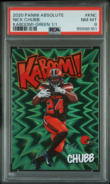 front card 2020 PANINI ABSOLUTE KABOOM! NICK CHUBB KABOOM!-GREEN 1/1 PSA NM-MT 8 